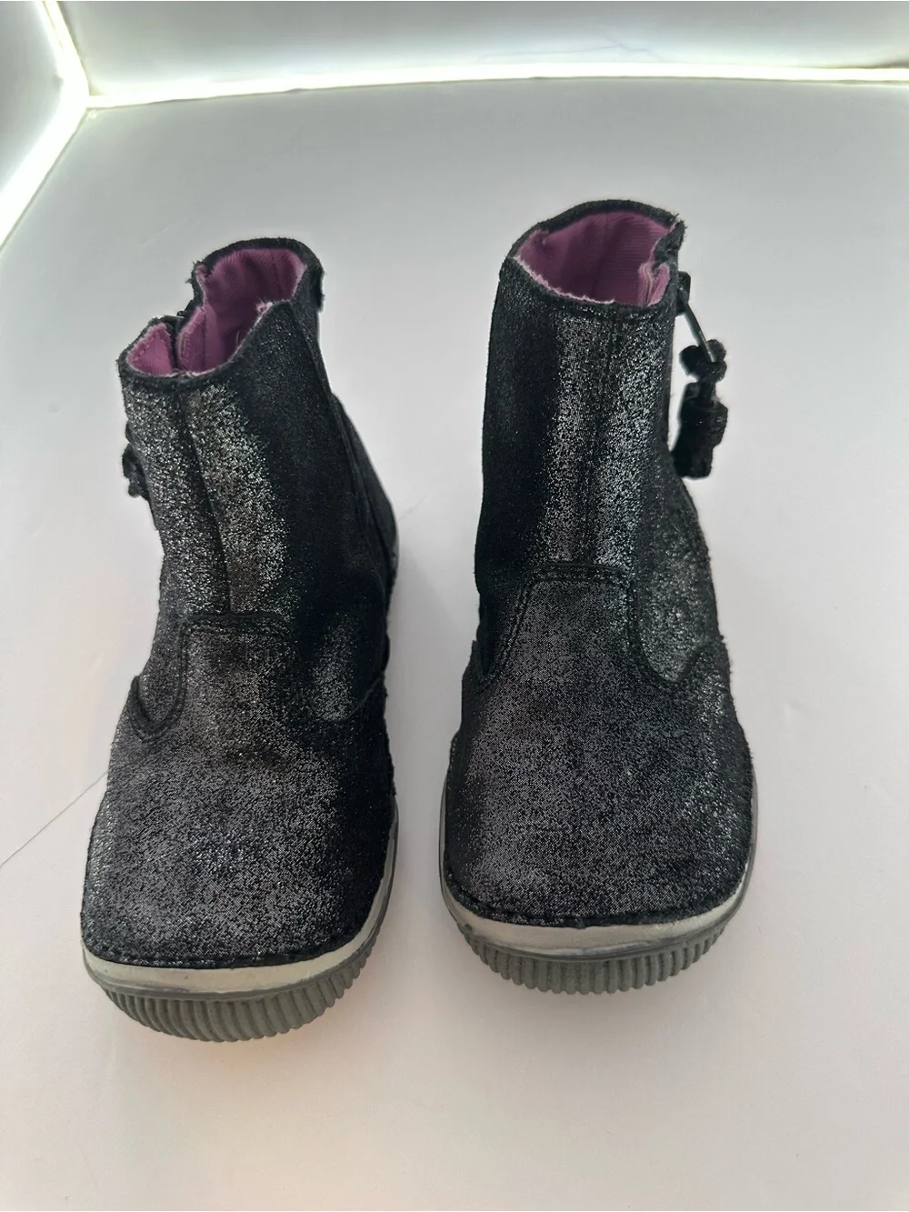 Stride Rite Girls Black Glitter Ankle Boots with Pink Lining Size 8.5M